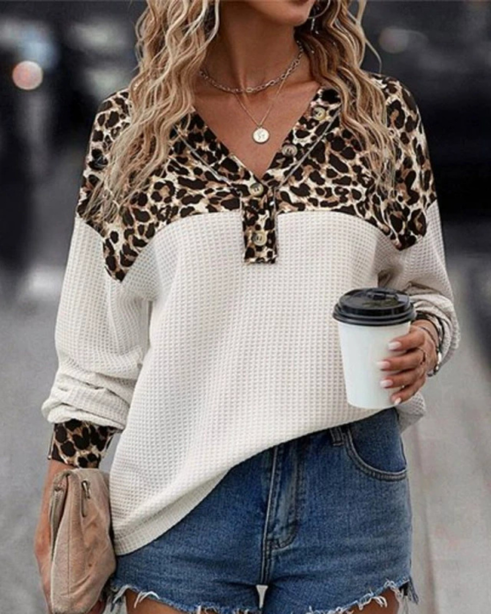ZARA Fall Winter Leopard Print Patchwork Collar Long Sleeve Button Sweatshirt